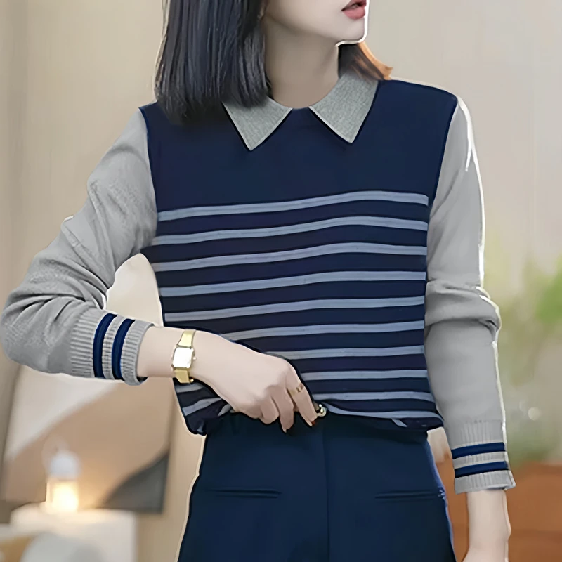 秋冬季条纹撞色新款翻领假针织衫女百搭休闲设计时尚减龄长袖上衣