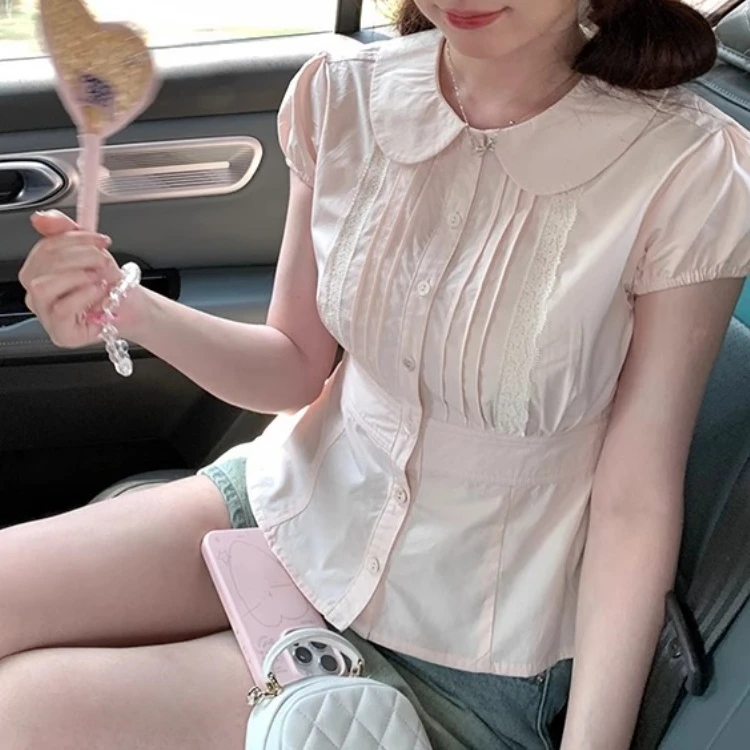 韩系温柔风粉色娃娃领收腰短袖衬衫女夏季设计感减龄蕾丝花边衬衣