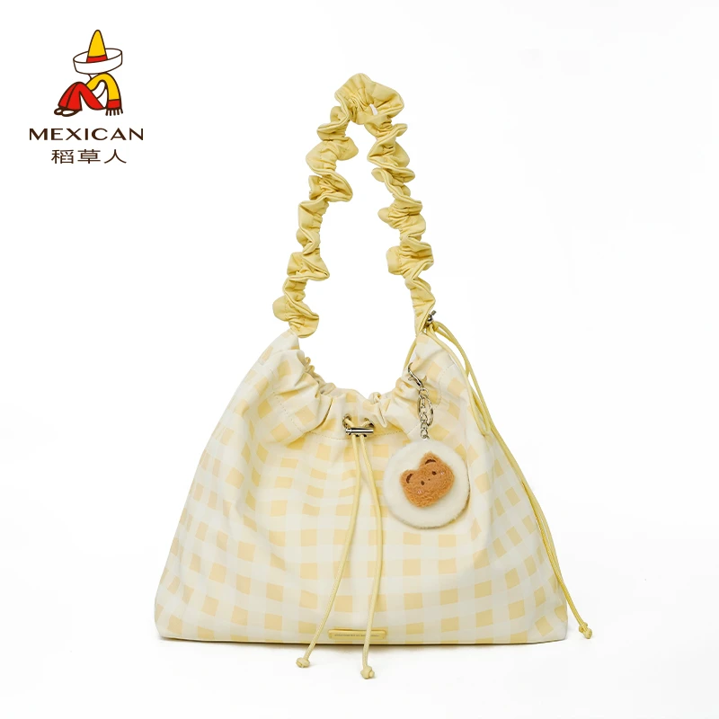 稻草人25年春夏新款韩系格子包ins风通勤抽绳单肩斜挎包