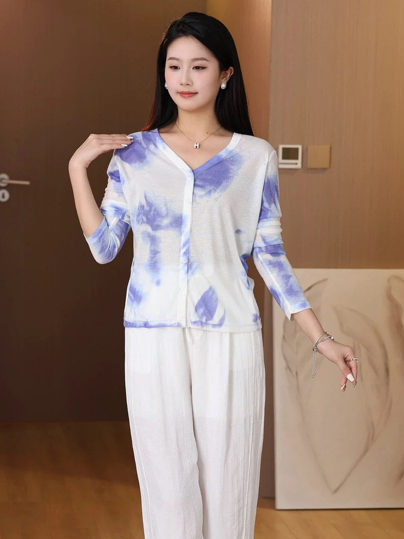 夏季新款2025设计感气质印花开衫女花色长袖轻薄