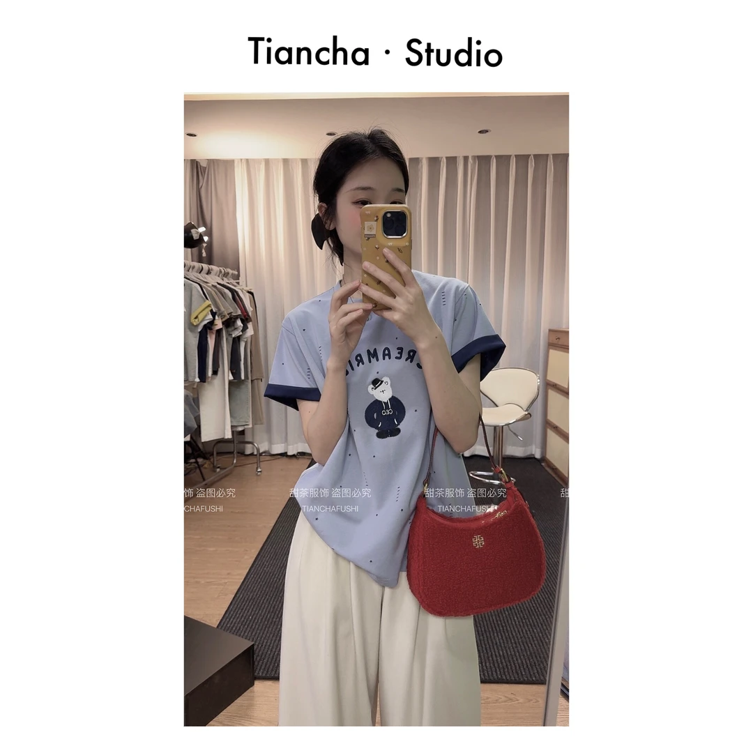 sweetc【熊老板】M336#夏季韩版正肩短袖T恤女撞色舒适气质百搭刺绣