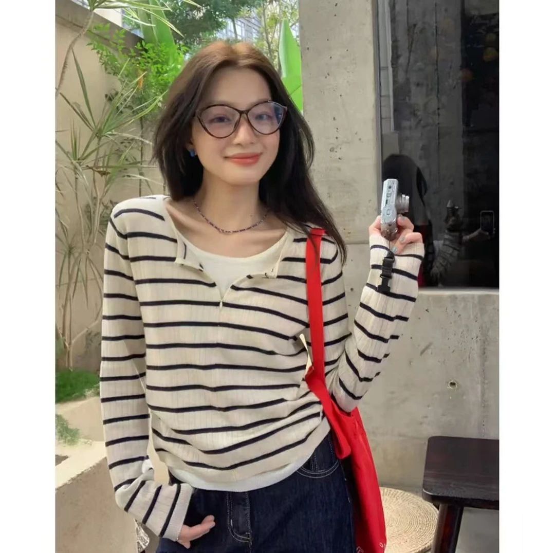 (G692)2025秋季新款大码长袖毛针织衫圆领假两件条纹拼色上衣女