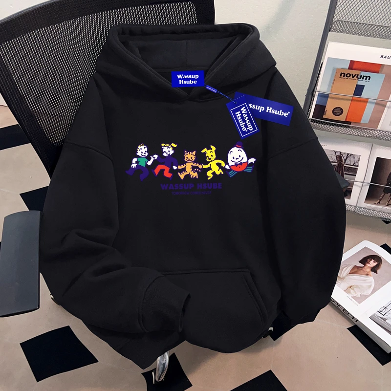 WASSUP HSUBE 秋冬美式复古连帽卫衣男女款宽松百搭黑色上衣休闲