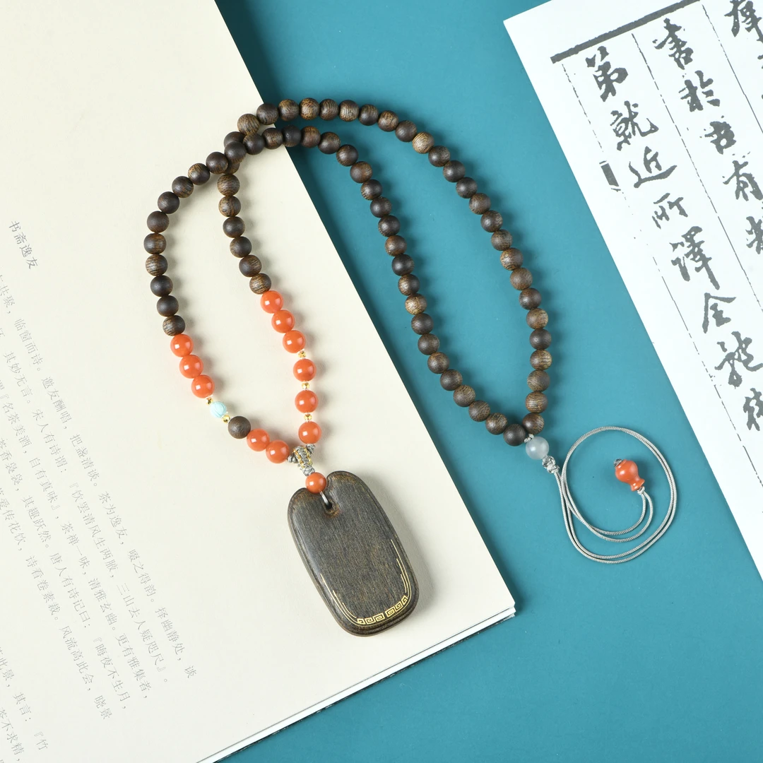 大叻黑奇楠沉水沉香0.6脖挂仿古无事牌回纹镶金款24K金0.1克