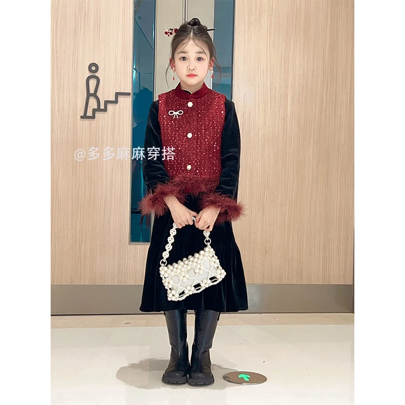 女童中国风马甲套装儿童中式周岁礼服拜年服23886#