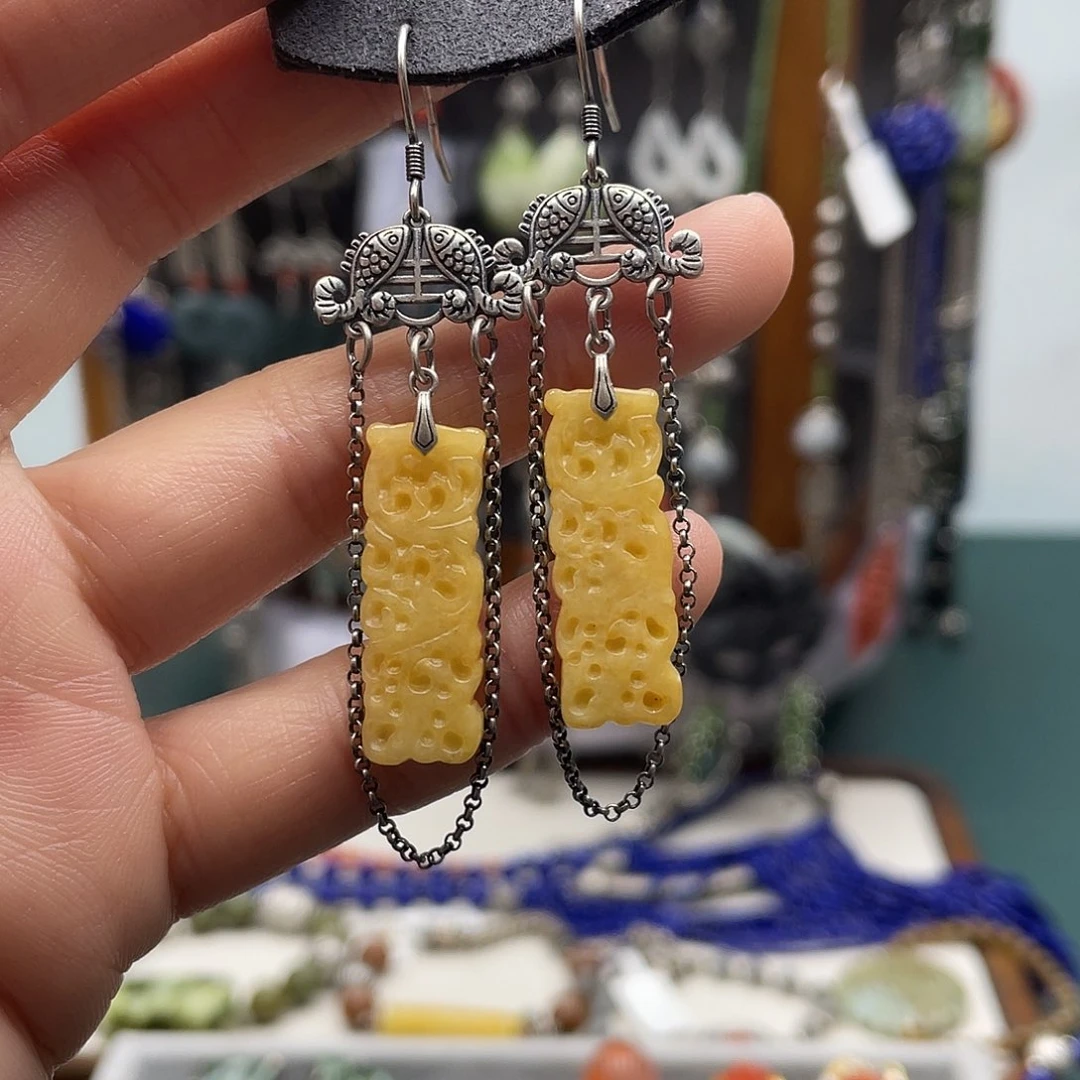 翡翠耳饰银S925镶嵌饰品