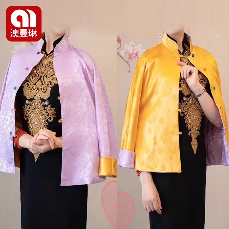 时尚印花叠穿短外套两面女中国风双面修身型唐装单排扣外披春秋季