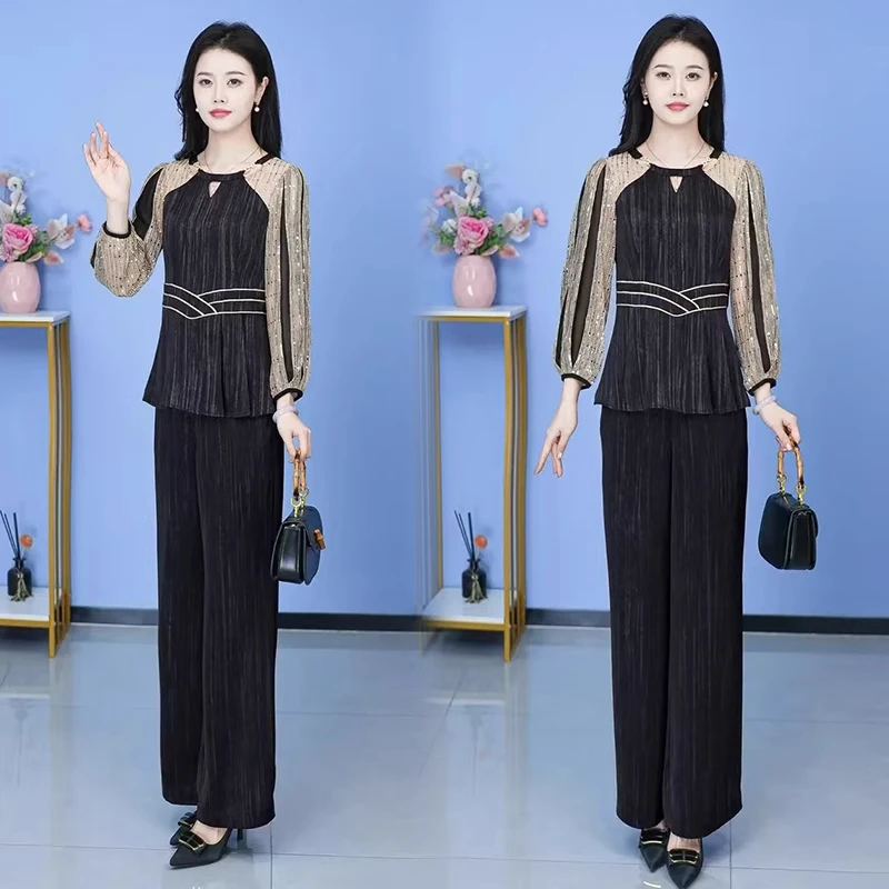 2025春季新款高级感时尚套装女优雅减龄遮肉上衣阔腿裤洋气两件套
