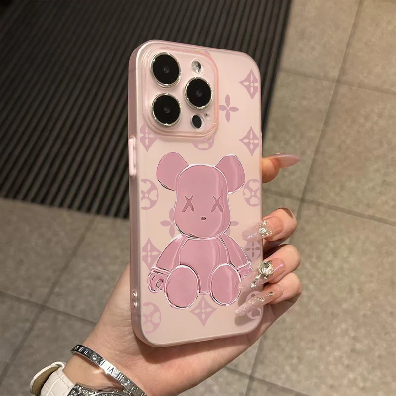 粉色暴力熊适用苹果16Pro透色iPhone15新款14软套13半透磨砂 12女