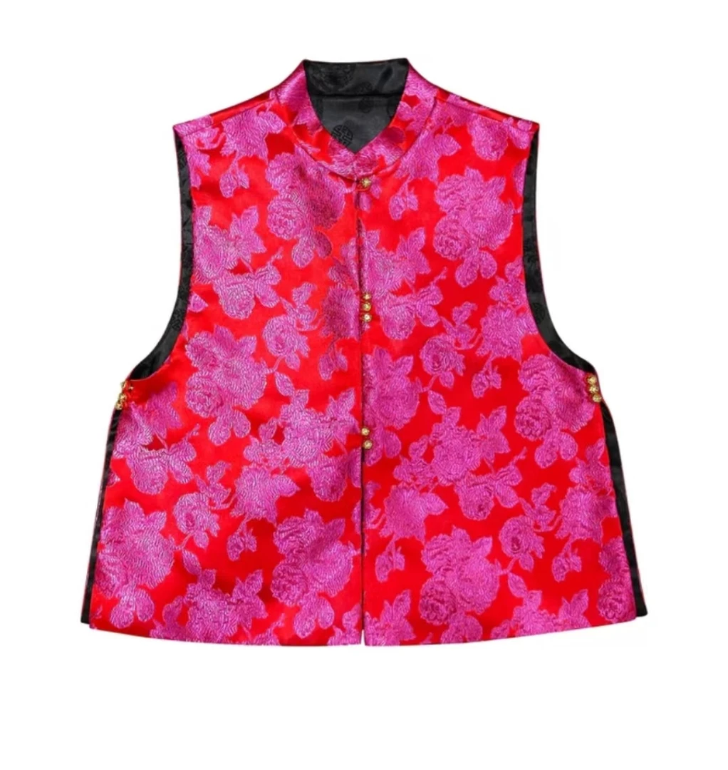 ZM-新国风提花绣马甲中式玫红复古立领