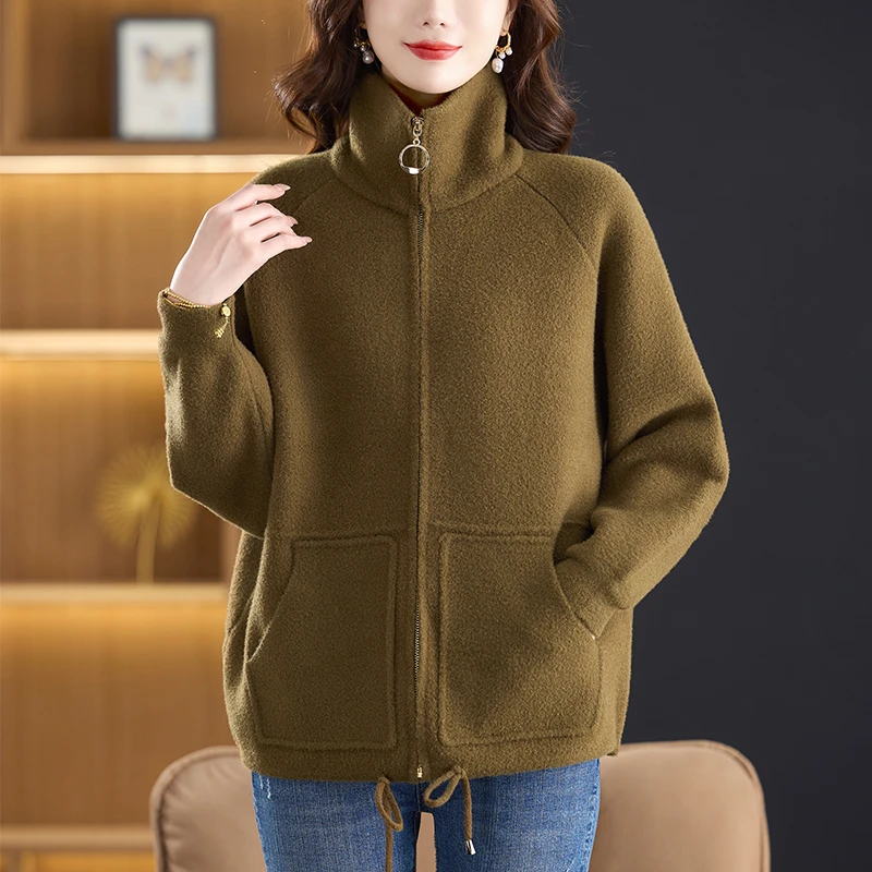 高领拉链外套春秋加厚高档时尚女装2025新款翻领毛呢开衫宽松大码