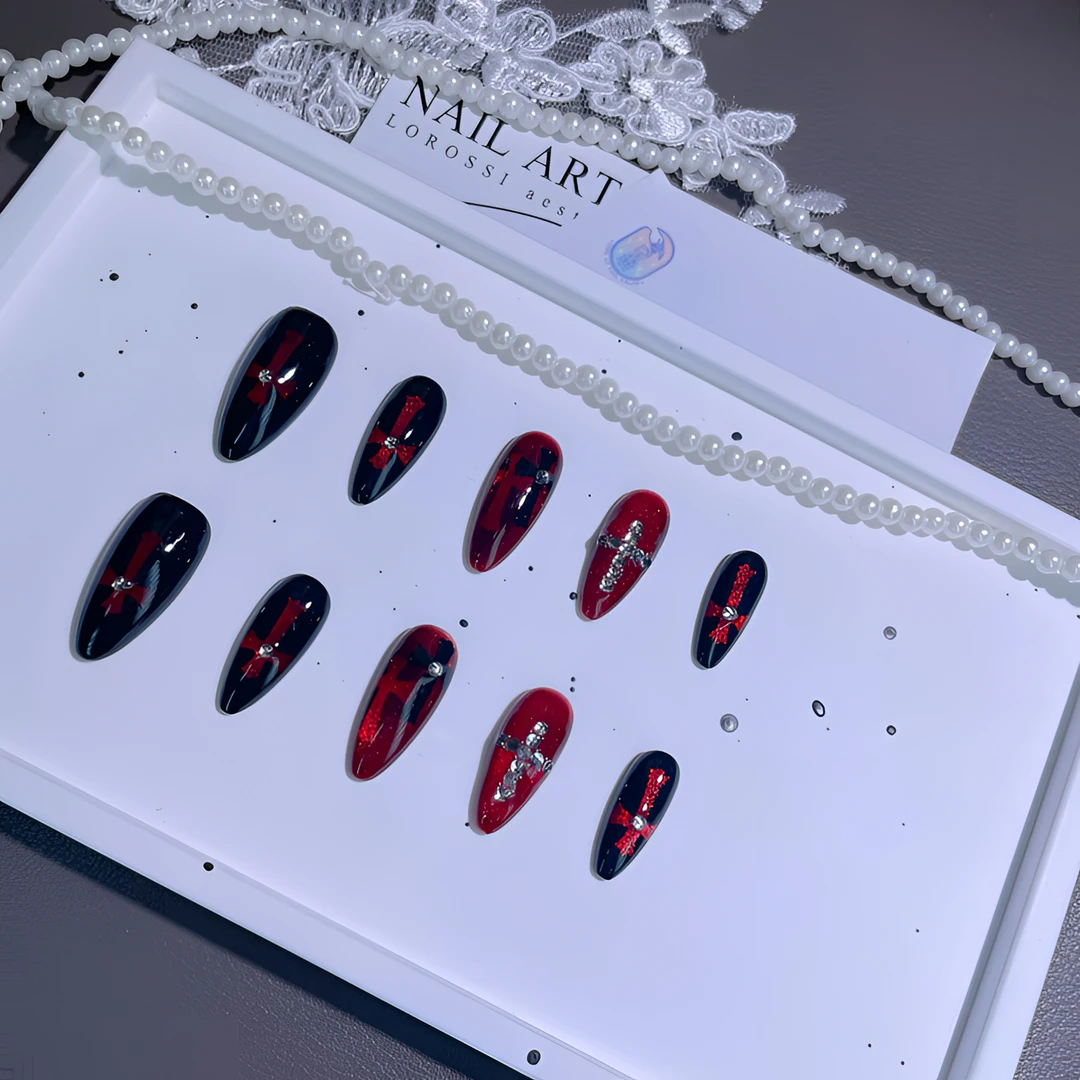 A1707『莹红十字』个性莹亮猫光镂空猫光十字架钻饰纯手工穿戴甲