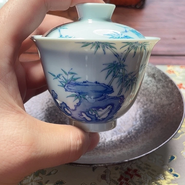 景德镇手绘斗彩竹纹盖碗