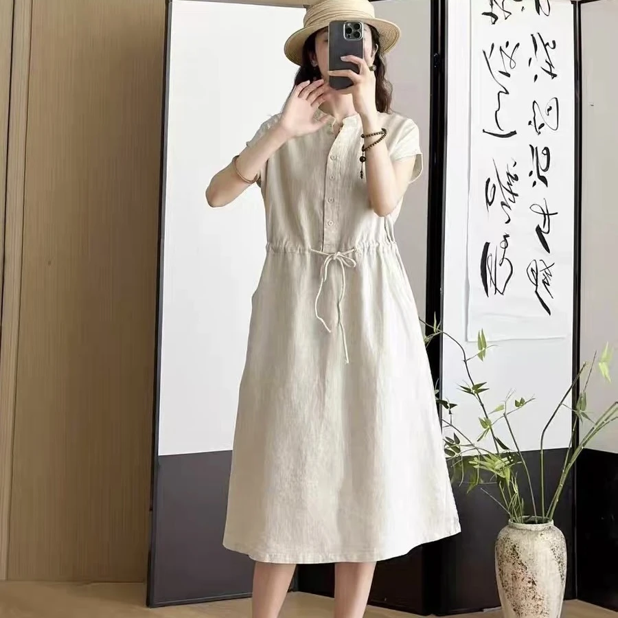 【纯亚麻系带收腰纽扣连衣裙】3655