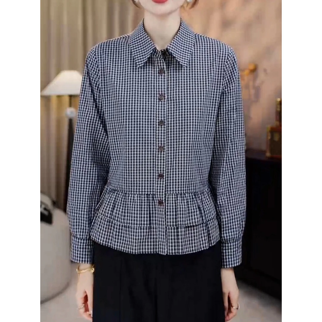 时尚撞色格纹显瘦衬衫女秋季大码MM设计感下摆双层花边长袖上衣