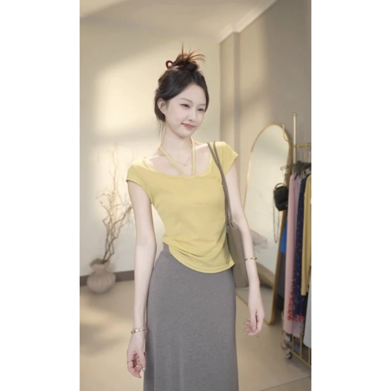 设计感系带领口夏季薄款T恤百搭U领正肩收腰修身气质柔软上衣