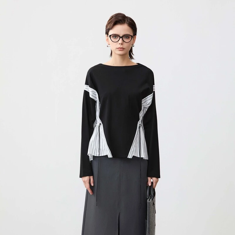 圣迪奥针织时尚休闲不规则设计师拼接撞色百搭T恤S24180201