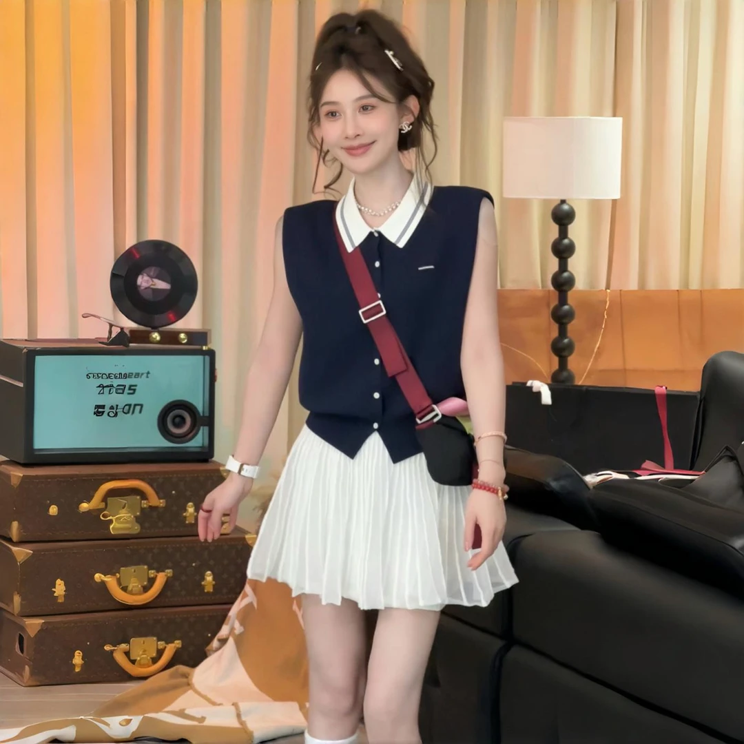 巨好看的夏天套装学院风甜美减龄Polo领无袖背心上衣半身裙两件套
