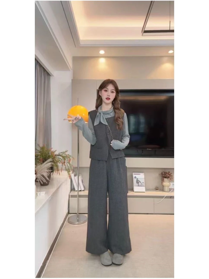 1106309-1流行复古休闲风套装裙女秋季新款马甲打底衫裤子三件套