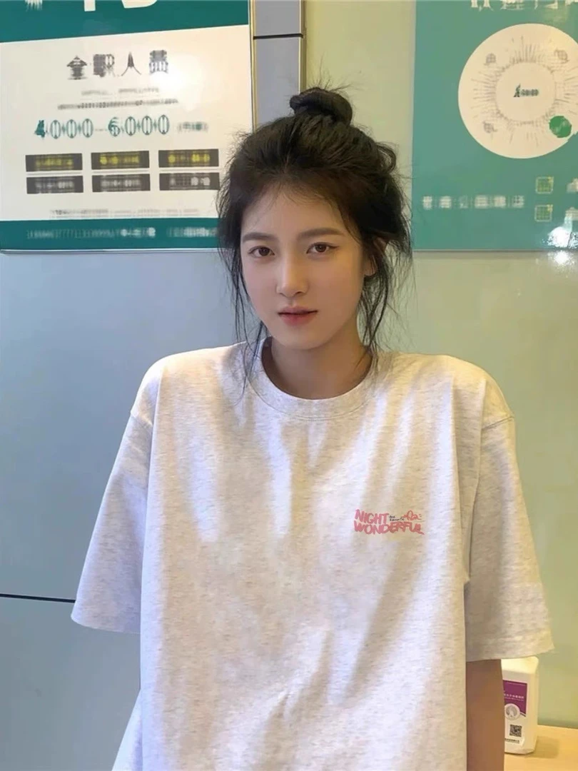 美式复古可爱小狗印花灰色短袖T恤女2025新款小个子宽松纯棉上衣