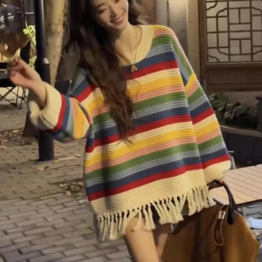 2024多巴胺彩虹条纹彩色流苏超好看毛衣外穿女秋冬宽松慵懒风针织