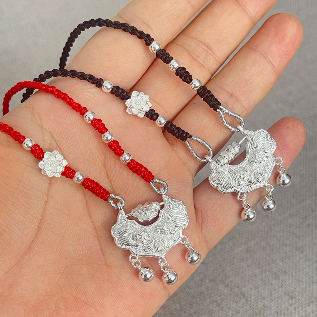 吊坠足银 足银锦鲤锁平安锁时尚百搭编织礼物秋冬编织吊坠项链锁