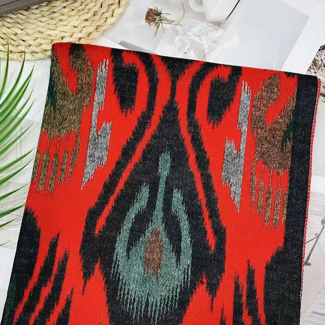 艾德莱斯围巾女士羊绒双面保暖民族风印花流苏针织长巾披肩