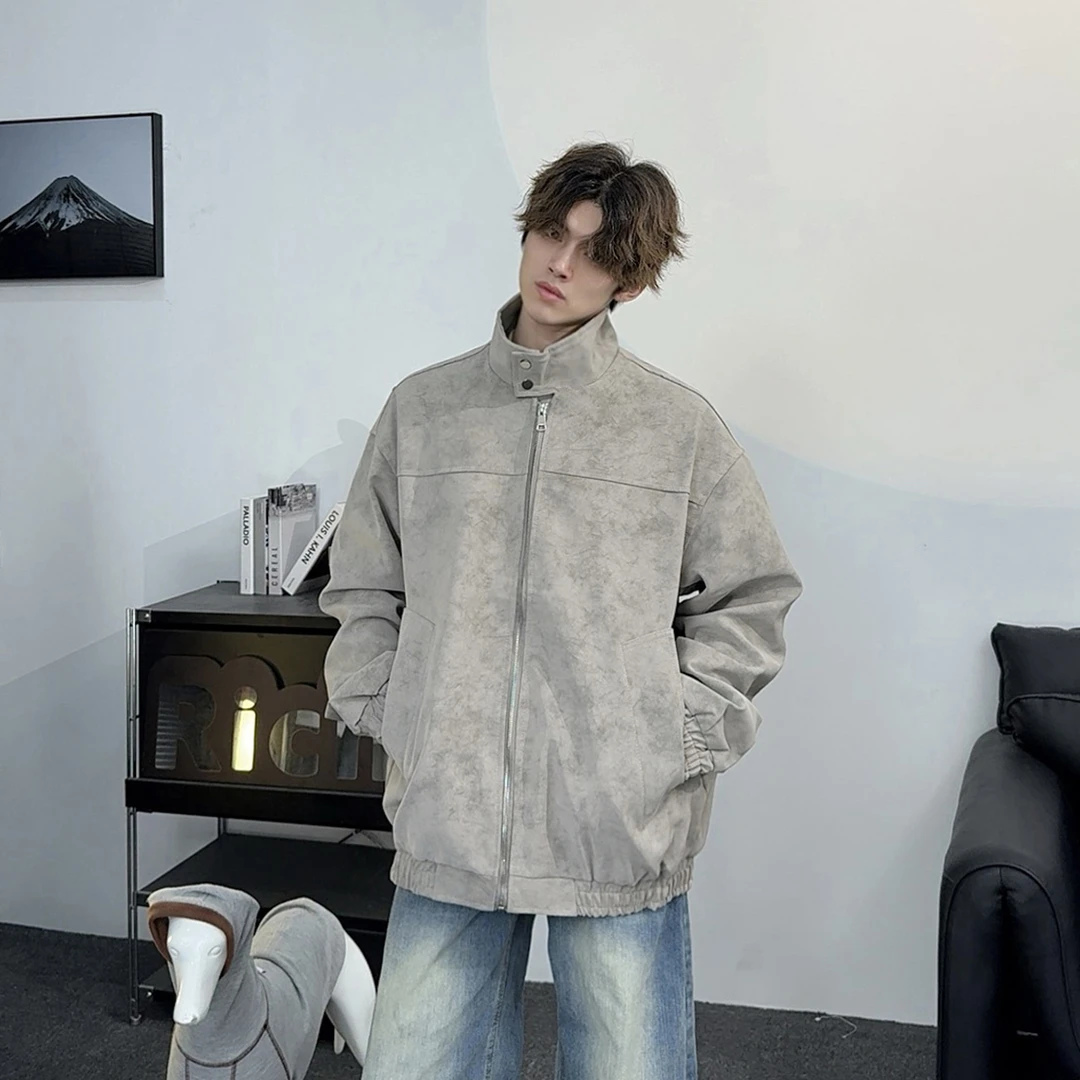 春秋扎染pu皮美式复古立领皮衣夹克潮流休闲秋冬宽松百搭情侣外套