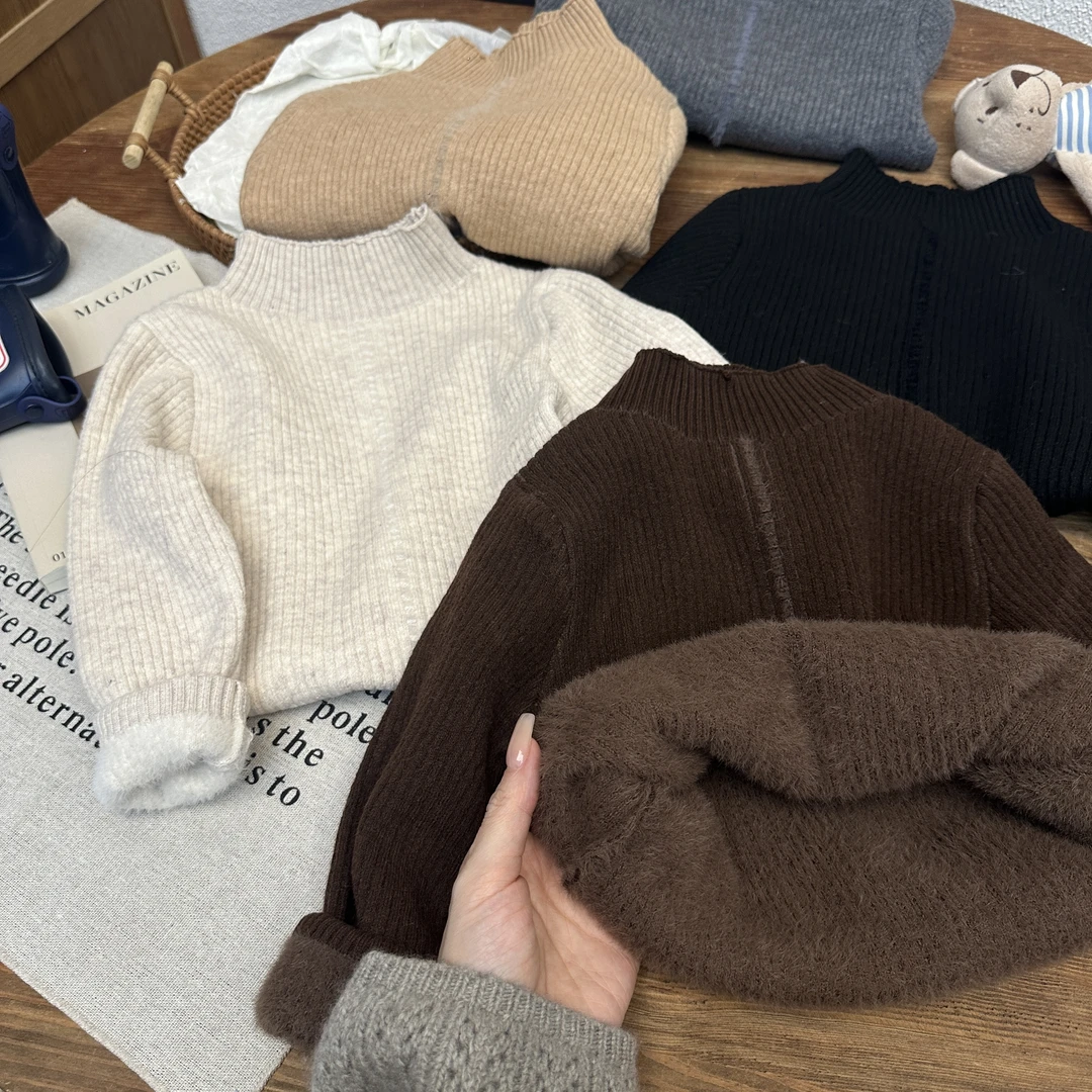 【现货】2025新款常规款纯色高领半高领毛衣针织衫宝宝加绒加厚毛衣