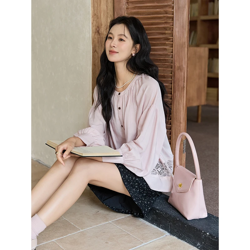 【年末大促】谜秀新品法式花边镂空长袖衬衫秋新款宽松气质小众长袖