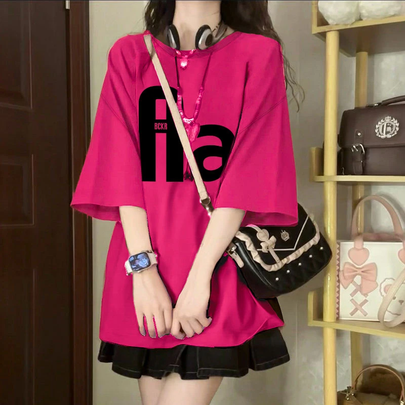 火龙果色休闲Aa字母夏季重磅纯棉短袖T恤宽松大码2-300斤慵懒t恤