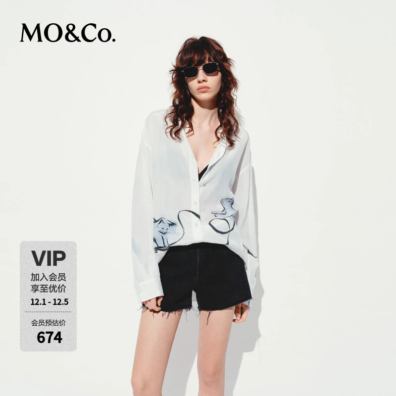 MOCO衬衫2025夏新品萌宠系列小猫印花宽松落肩廓形垂感MBE2SHTT06