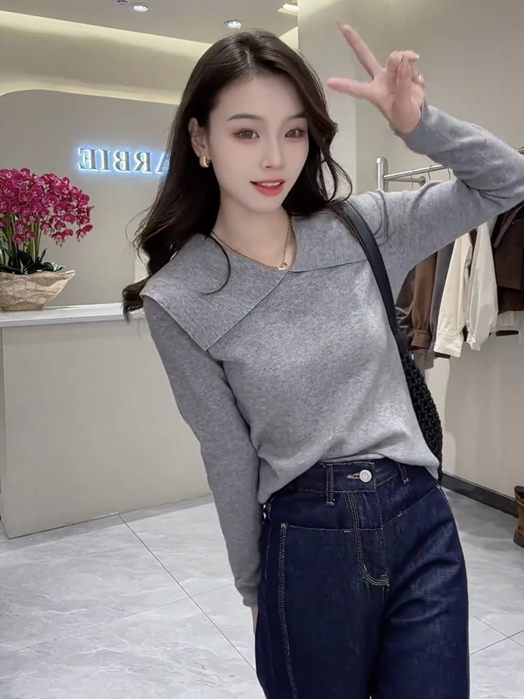 高级感纯色翻领针织衫内搭女2025年秋季新款休闲气质百搭长袖上衣