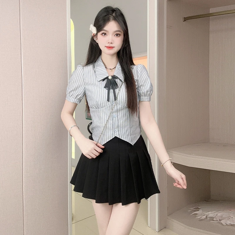 甜美蓝色条纹短袖衬衫女装夏季百褶裙女款爆款A字百褶裙半身裙