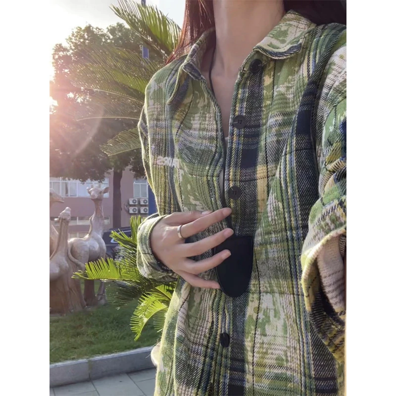 美式星朗绿色扎染格子衬衫男款秋季vintage长袖衬衣复古宽松外套