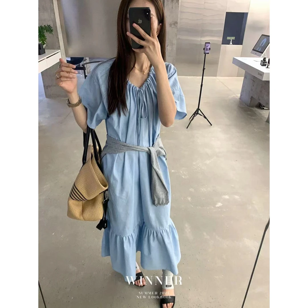 6903  韩系v领系带简约荷叶边连衣裙（裙长120）  w