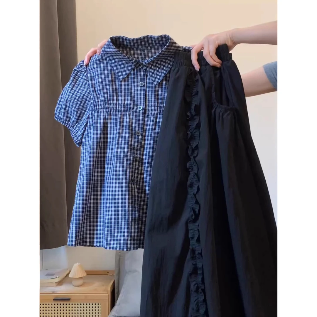 韩系复古格子短袖衬衫上衣女夏日新款黑色文艺范花苞半身裙两件套