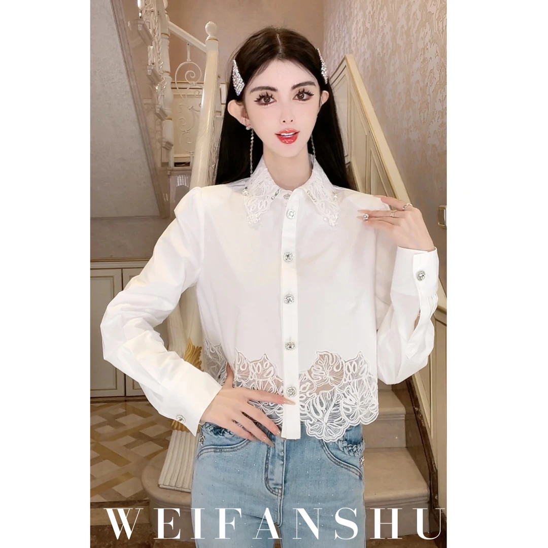 WEIFANSHU/魏凡舒【爱的宣言】早春新款薄款气质蕾丝拼接长袖衬衫