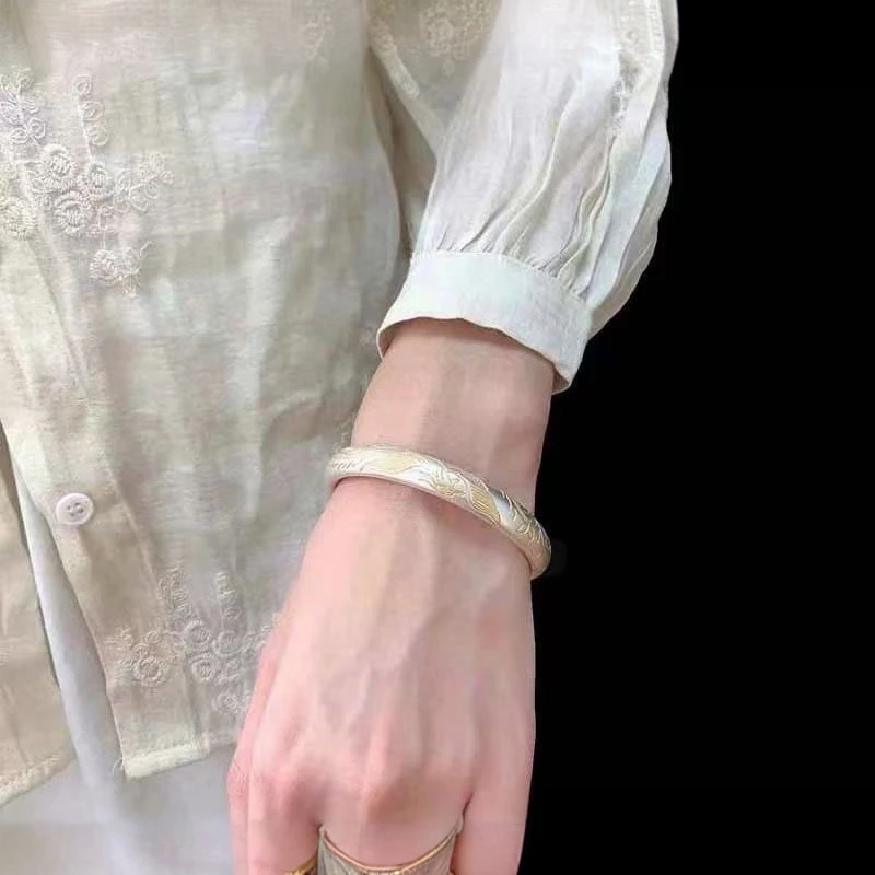 足银手镯 A45足银999.9闭口描金凤禾银手镯女中国风轻奢节日礼物