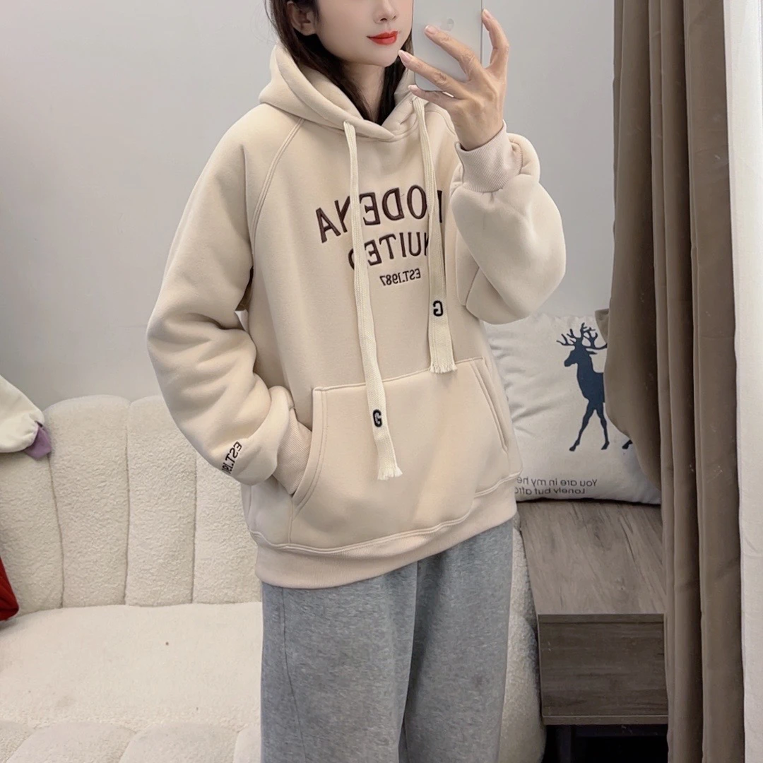 LB加绒加厚韩版休闲宽松字母刺绣ins连帽卫衣女冬季DY3265