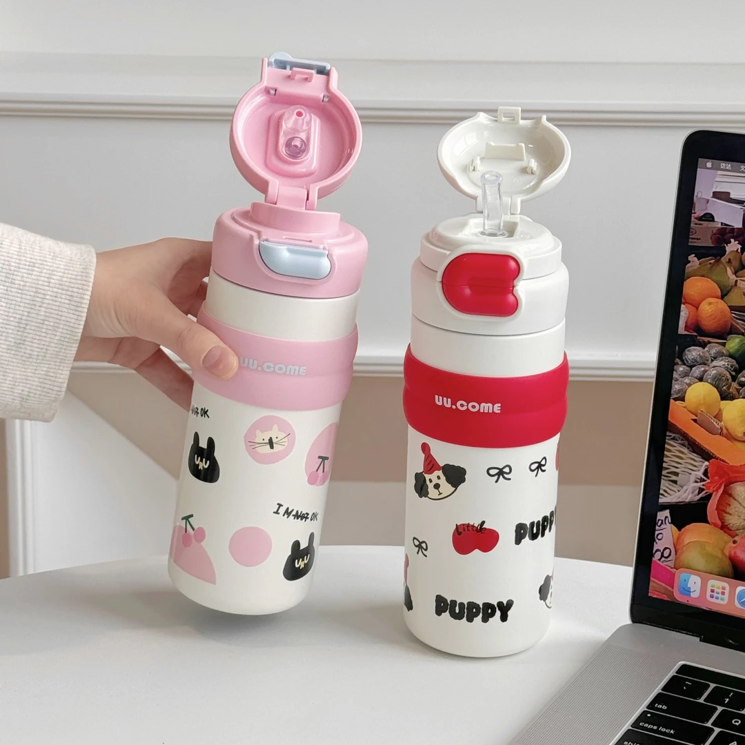 双饮大容量吸管杯316不锈钢保温杯高颜值提手弹跳盖拎拎儿童水杯