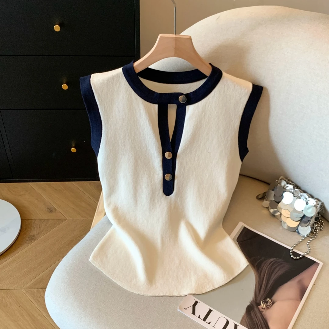 韩系针织衫背心女装2025新款夏季设计感撞色薄款宽松显瘦无袖上衣