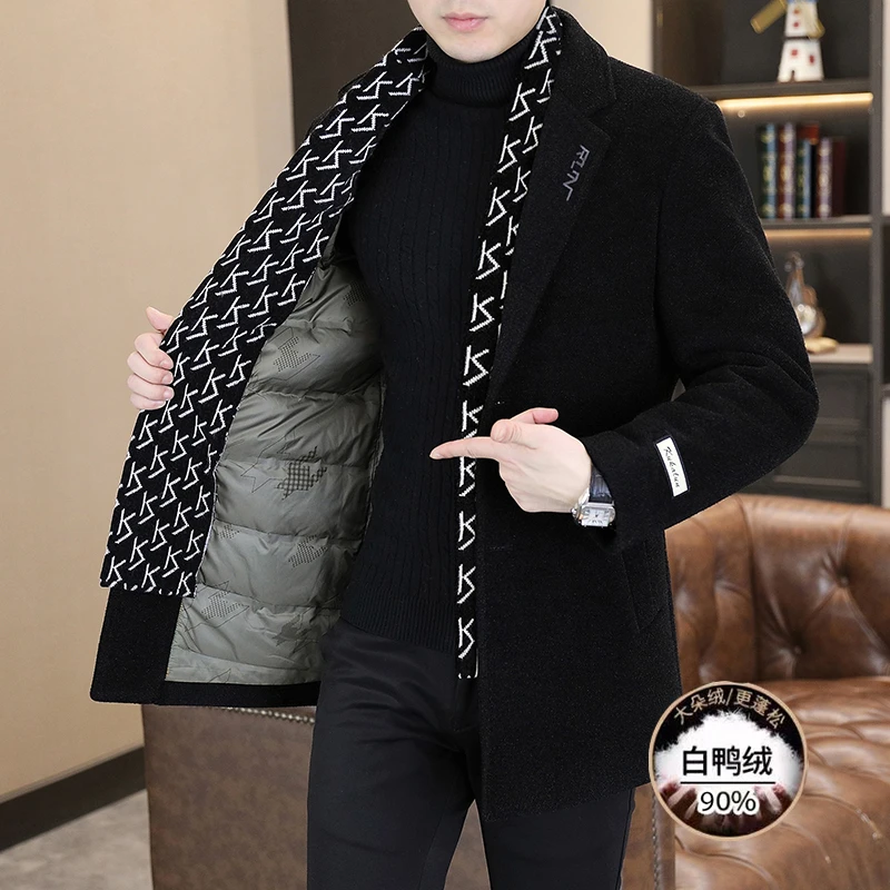 LEROLEHAR白鸭绒毛呢外套男士羽绒服加厚呢子大衣男装秋冬季休闲
