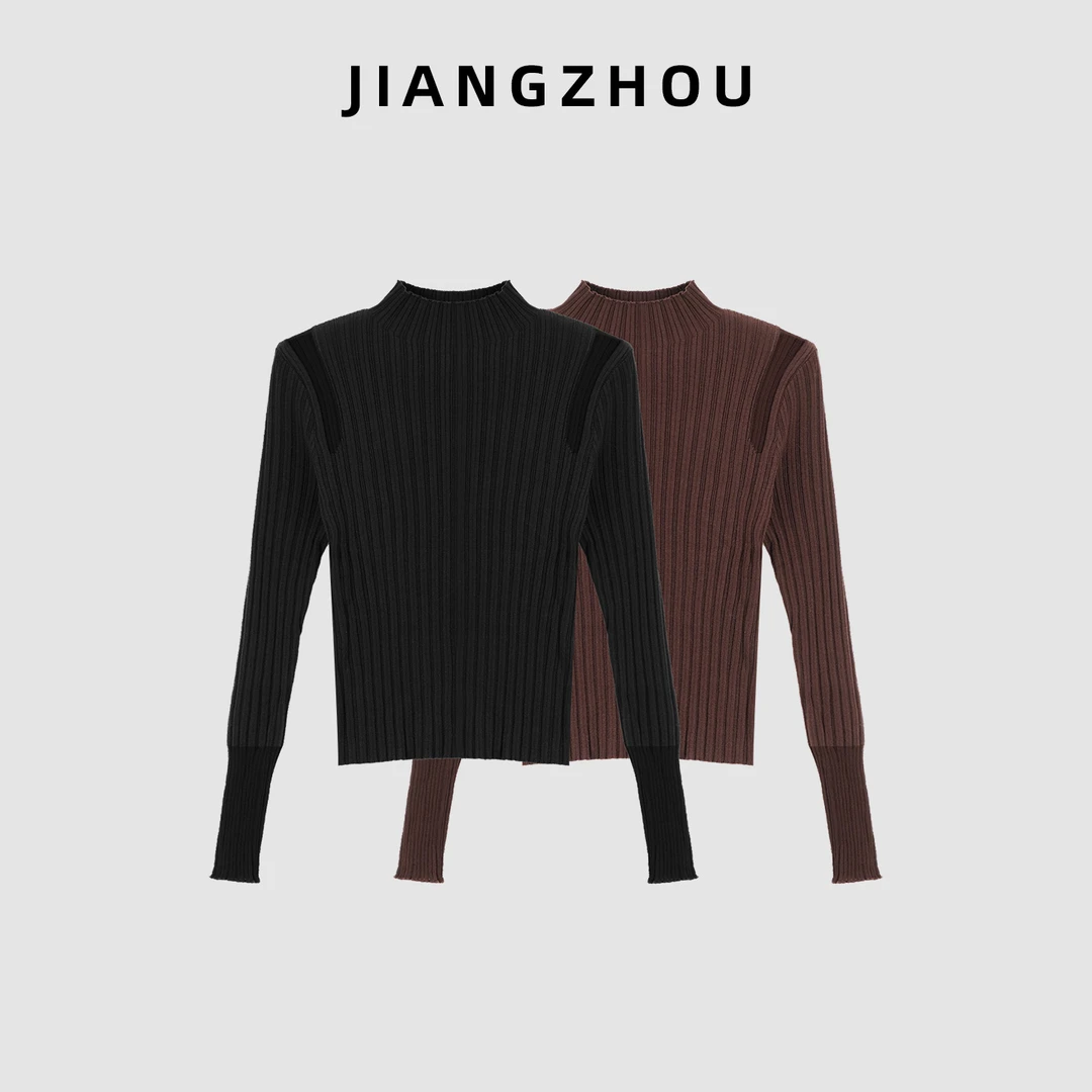 江洲【智知】加厚保暖秋冬新款绵羊毛混纺14针肩部拼接欧根纱上衣