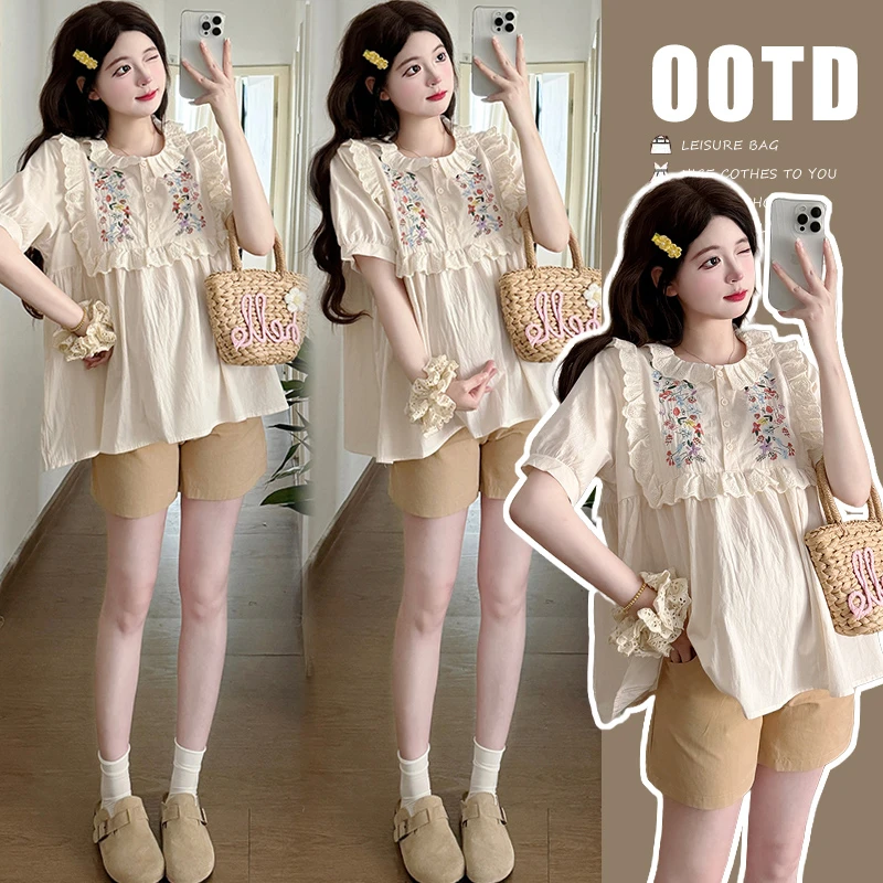 孕妇套装2025新款韩系重工女花朵刺绣甜美娃娃衫+卡其色托腹短裤