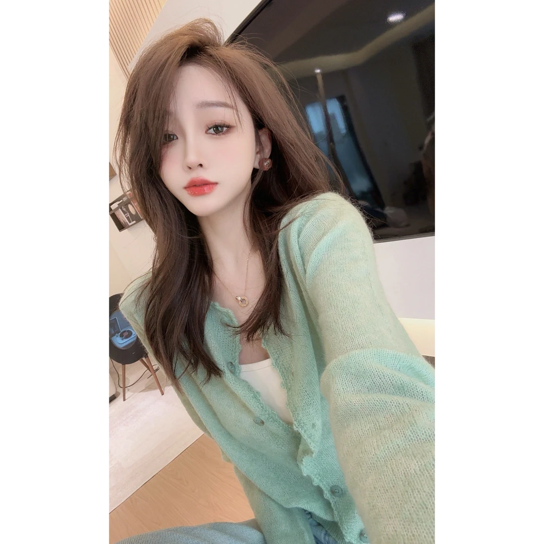 【CHEN】洋气温柔减龄显白绿色马海毛毛衣慵懒针织开衫25022503