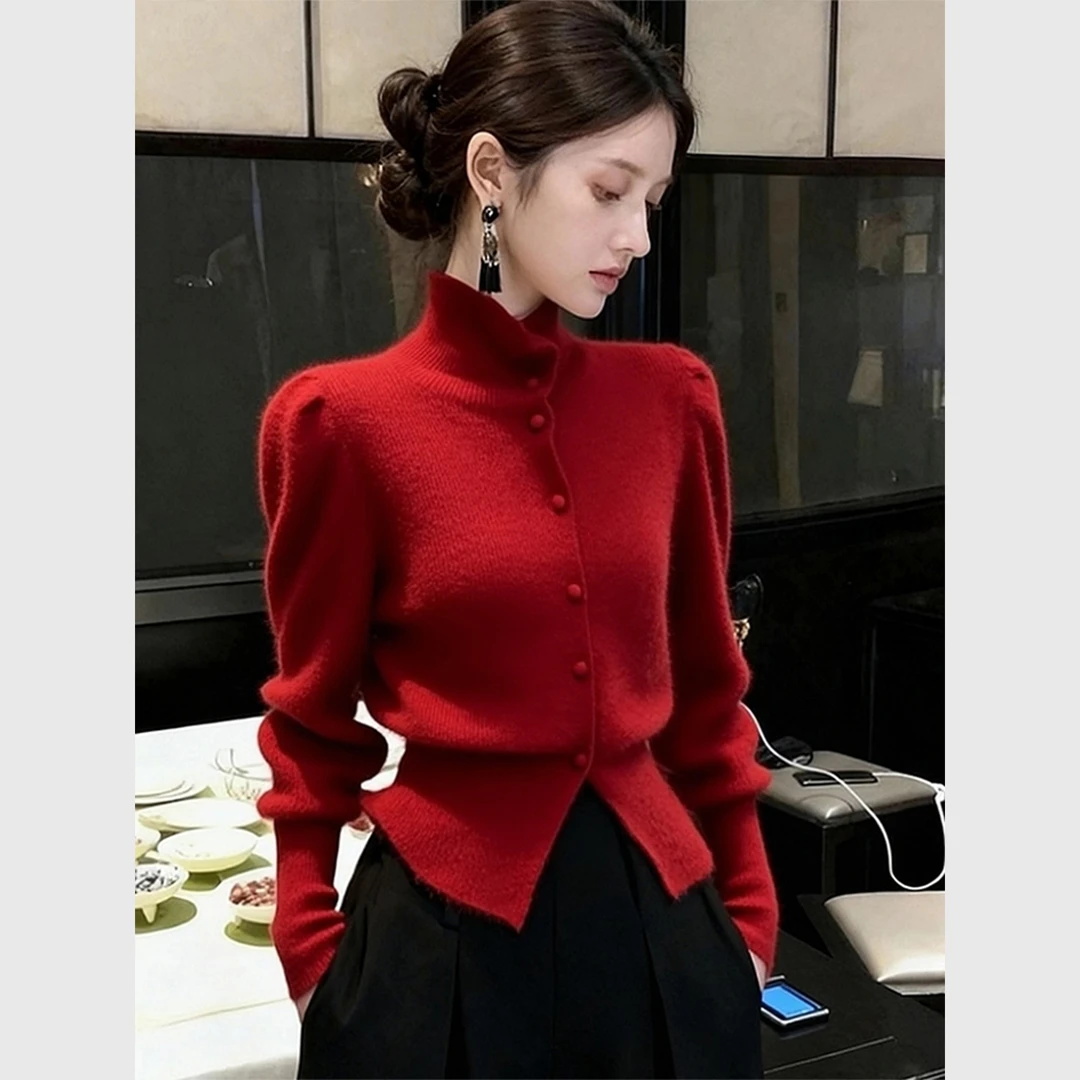 红色高领单排扣短款针织开衫女2025年秋季新款修身显瘦长袖上衣潮