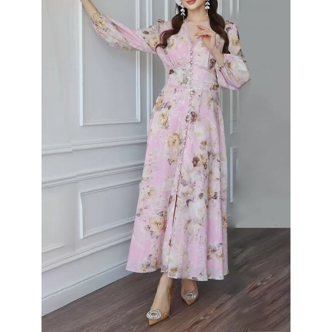 2025复古高级感印花长裙夏季新款长袖单排扣显瘦高腰气质连衣裙女