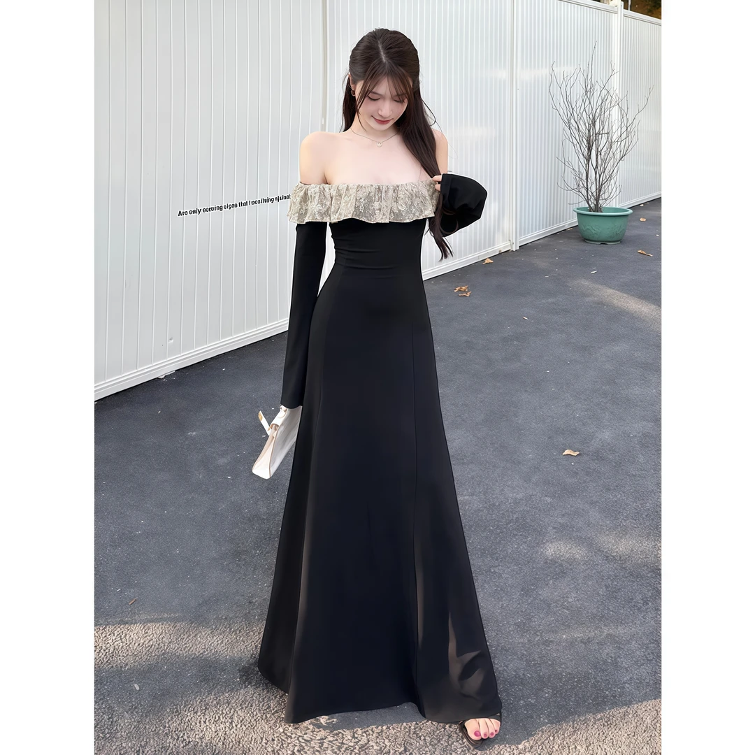 赫本风一字肩蕾丝拼接长袖露肩连衣裙女秋冬宫廷风修身显瘦长裙子
