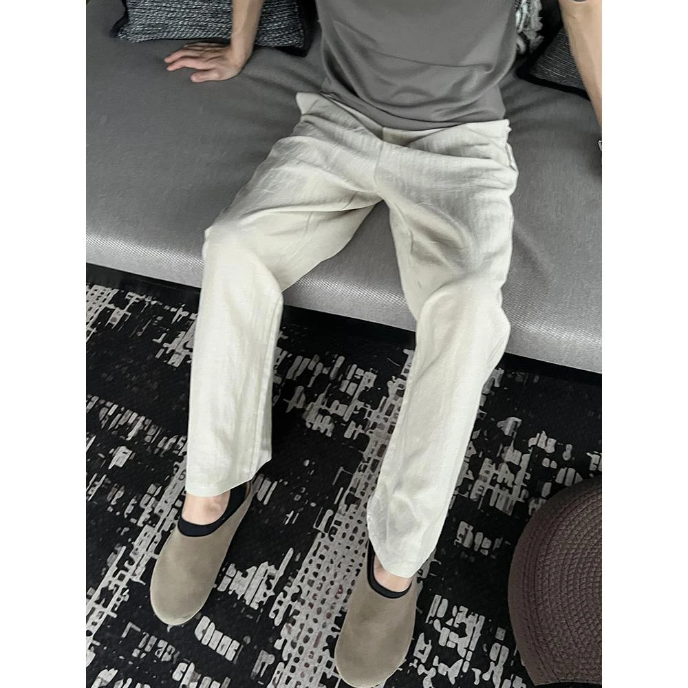 老钱风杏色亚麻裤子宽松bf慵懒风凉感冰丝裤男夏季cleanfit直筒裤